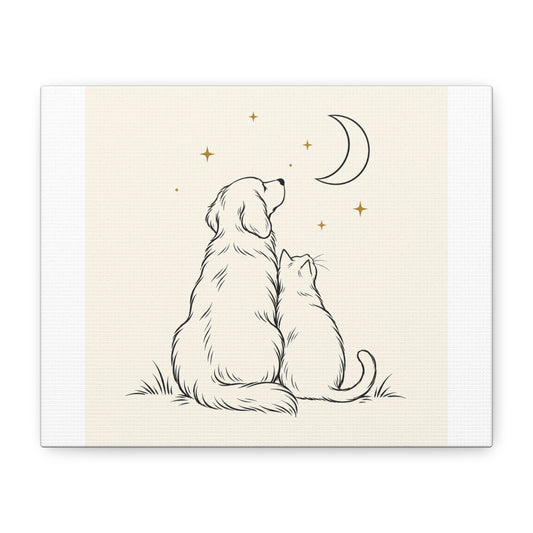 Dog and Cat Moonlight Canvas, Pet Lover Wall Art, Matte Stretched Animal Print